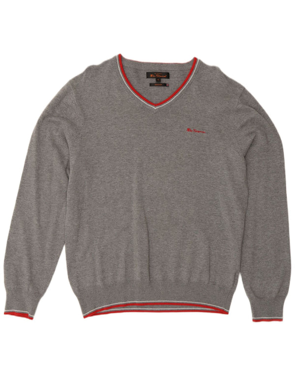 Maglione da uomo con scollo a V Ben Sherman XL in cotone a righe grigie