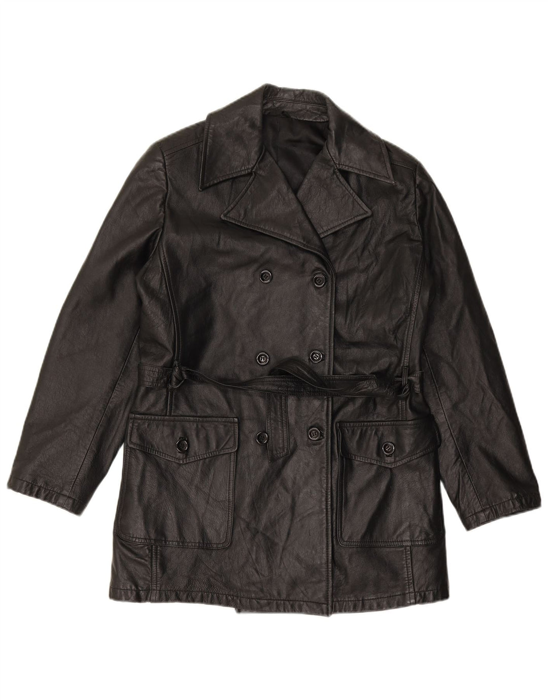 Cappotto in Pelle Doppio Petto da Donna VINTAGE IT 44 Medio in Pelle Nera