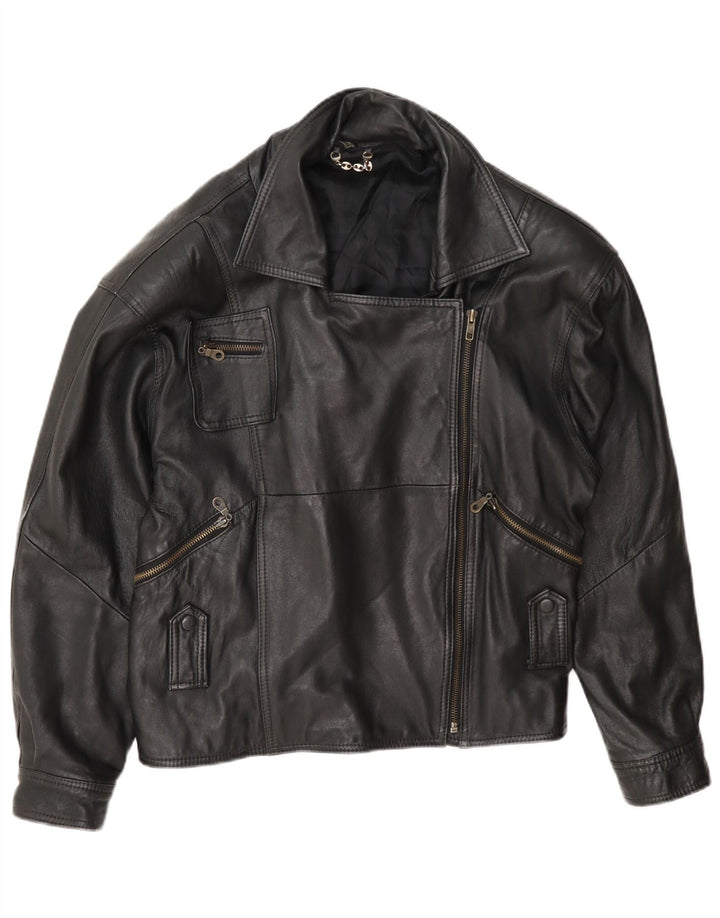 Giacca da motociclista in pelle oversize da donna vintage UK 10 piccola nera