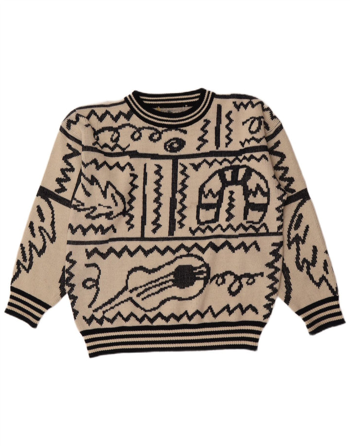 Maglione girocollo da uomo vintage con motivo astratto, grande beige