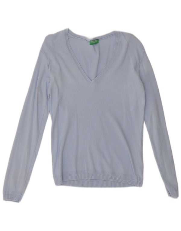 Maglione da donna con scollo a V Benetton UK 12 Cotone blu medio