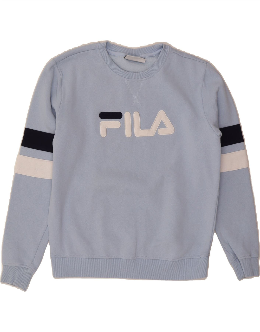 FILA Womens Graphic Sweatshirt Jumper UK 14 Medium Blue Striped Cotton Vintage Fila and Second-Hand Fila from Messina Hembry 