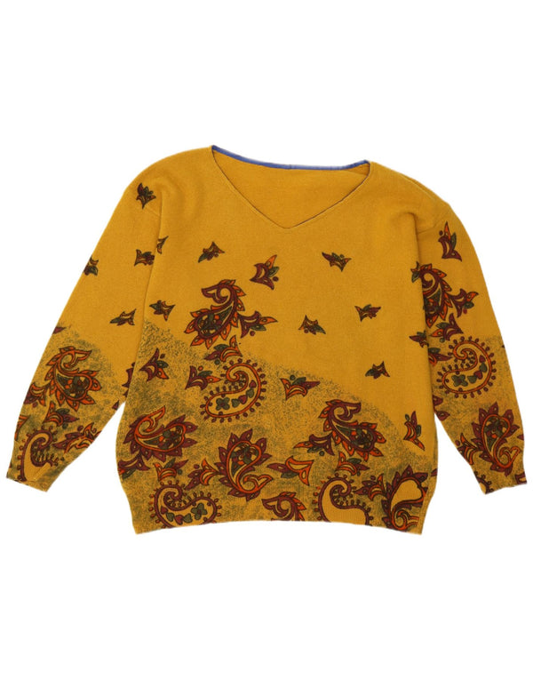 Maglione vintage da donna con scollo a V UK 16 grande motivo cachemire giallo