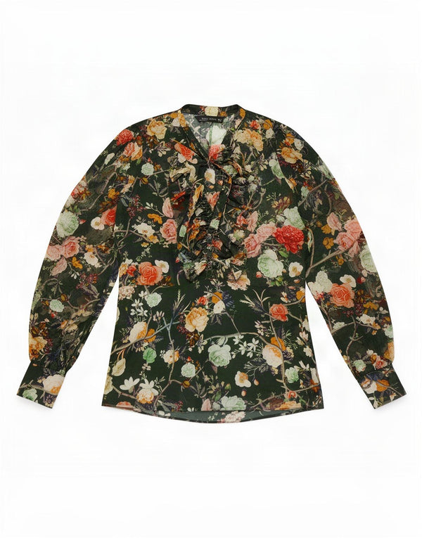 Top Zara da donna a maniche lunghe trasparente, camicetta UK 12 verde medio floreale