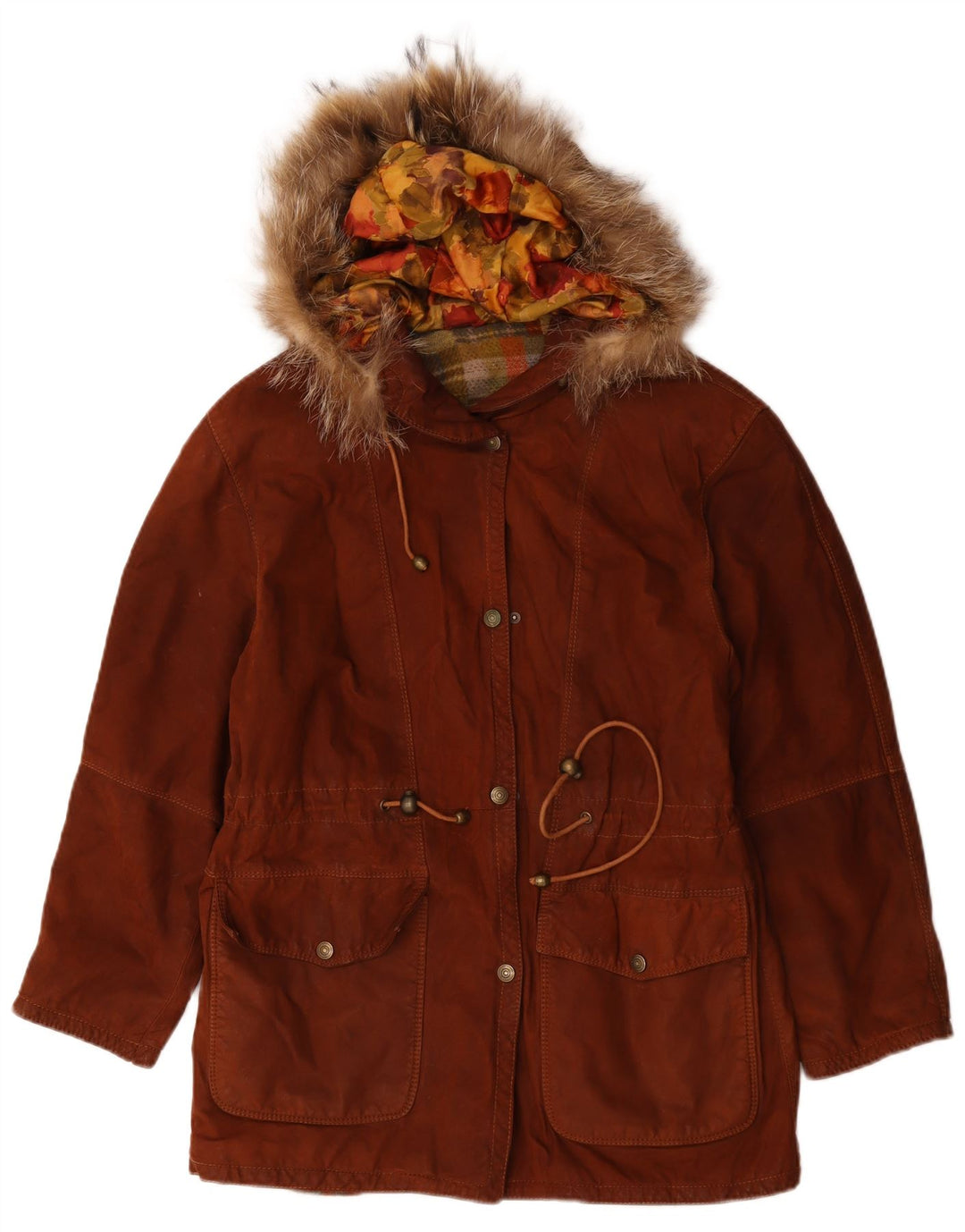 Giacca vintage da donna in pelle scamosciata con cappuccio IT 42 in pelle marrone medio