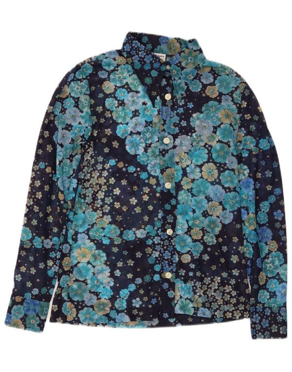 Camicetta da donna VINTAGE UK 10 piccola poliammide floreale blu navy