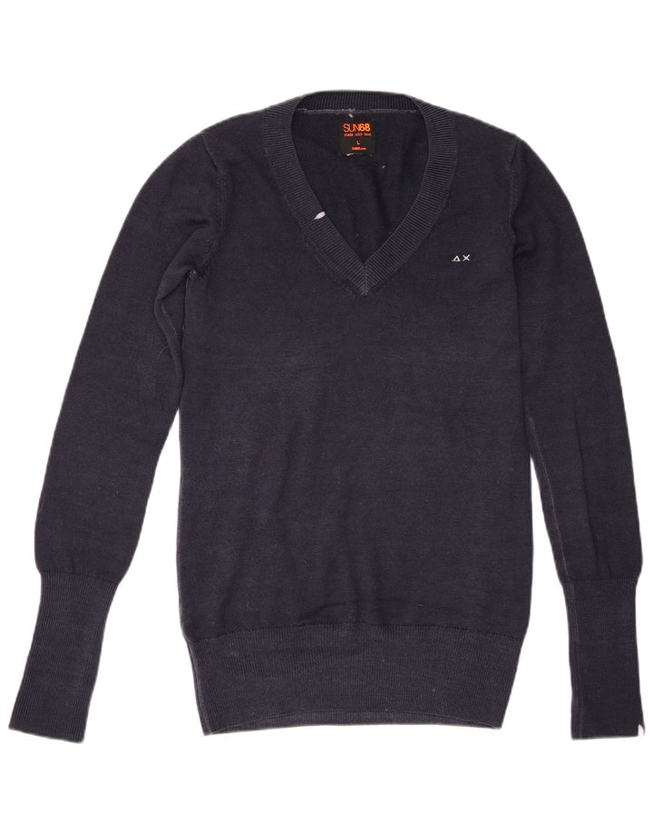 Maglione maglione con scollo a V da donna Sun68 UK 16 grande lana blu navy
