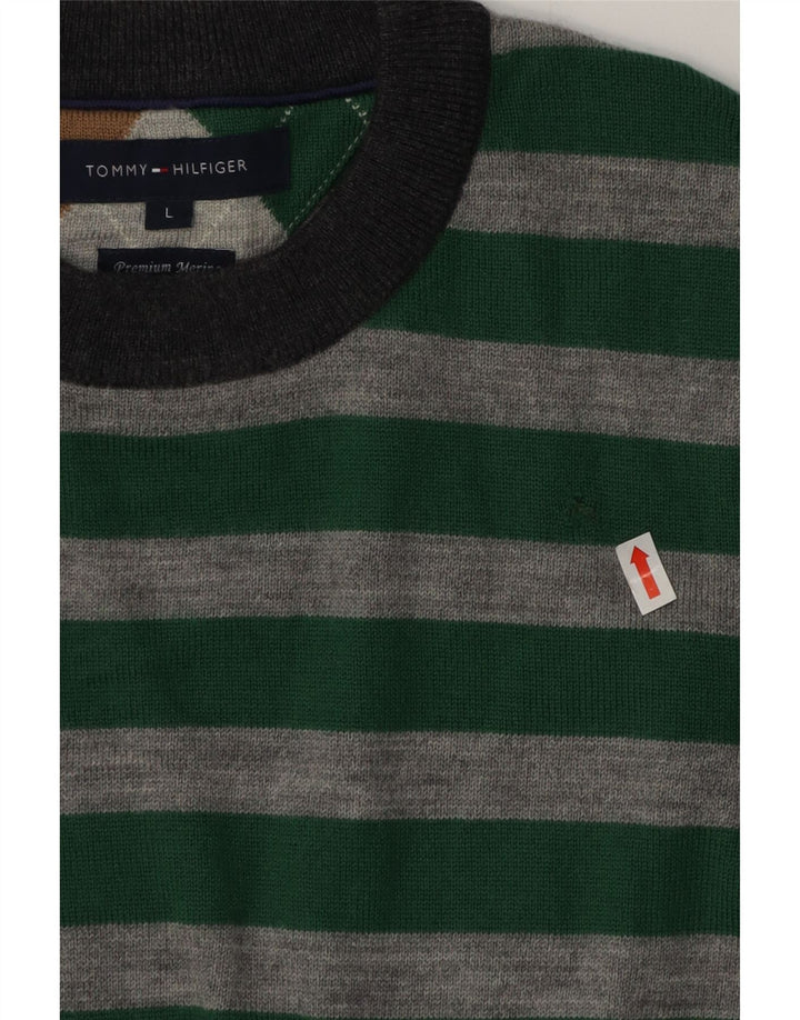 Tommy Hilfiger Uomo Maglione Girocollo Maglione di Lana a Righe Verdi Grandi