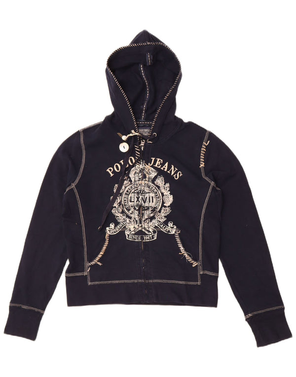 Ralph Lauren Womens Crop Graphic Zip Hoodie Sweater UK 14 Large Navy Blue