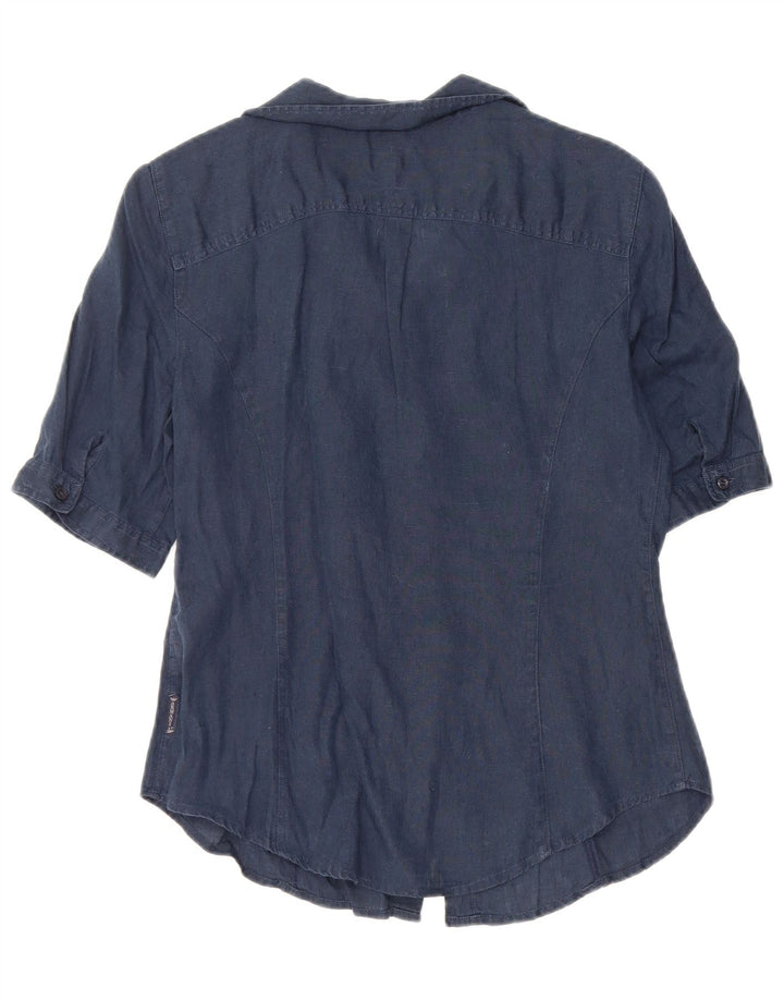 ARMANI JEANS Camicia a maniche corte da donna Camicetta UK 12 Lino medio blu navy