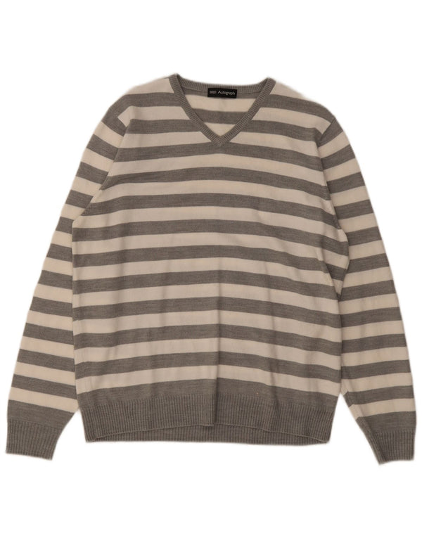 Maglione da uomo con scollo a V autografo Marks & Spencer a righe grigio medio
