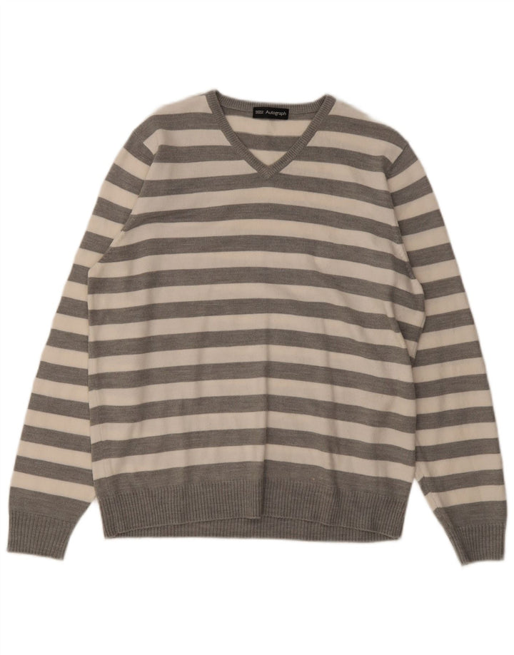 Maglione da uomo con scollo a V autografo Marks & Spencer a righe grigio medio