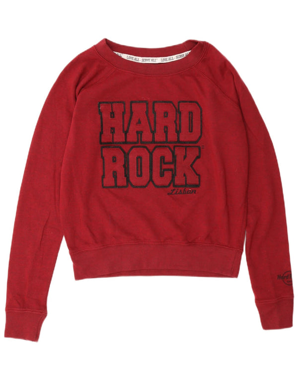 Felpa grafica da donna Hard Rock Cafe Lisbona, maglione UK 10 piccolo bordeaux
