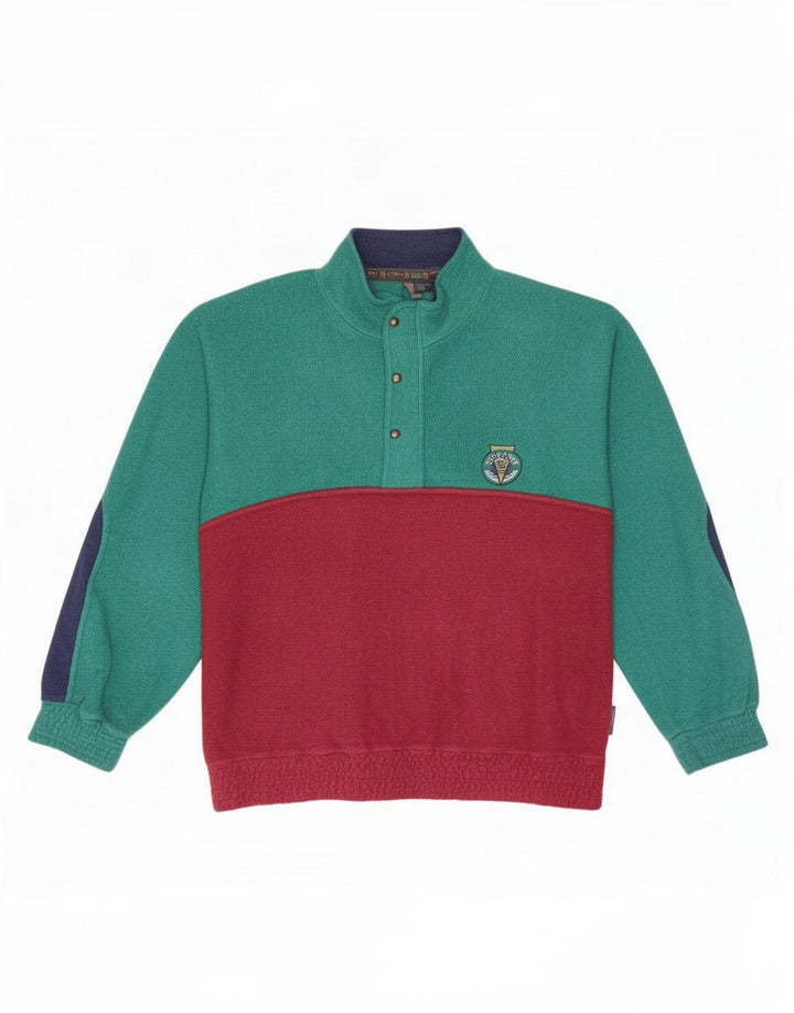 Maglione in pile vintage da uomo con collo a bottoni, grande blocco di colori multicolore