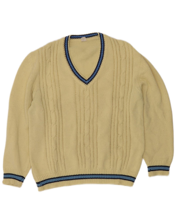 Maglione vintage da uomo con scollo a V, grande acrilico a strisce gialle