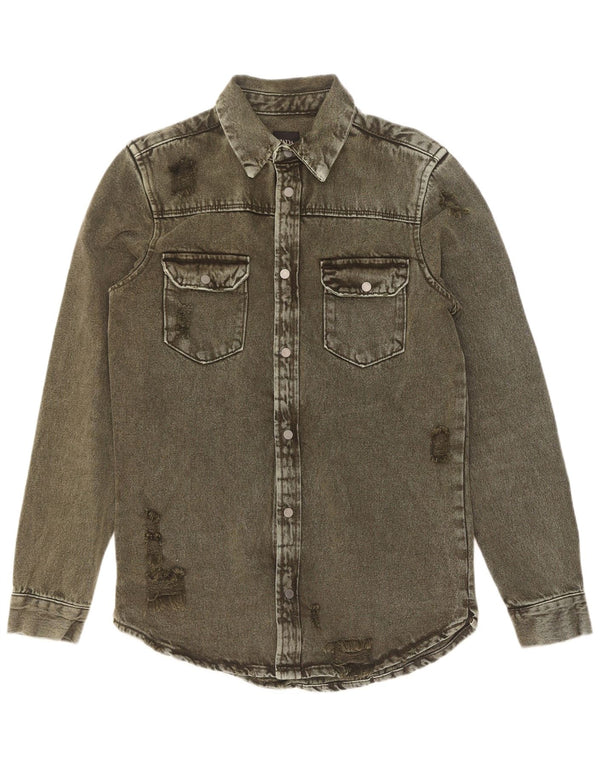 Camicia Zara da uomo in denim dalla vestibilità comoda e invecchiata, piccola, in cotone kaki