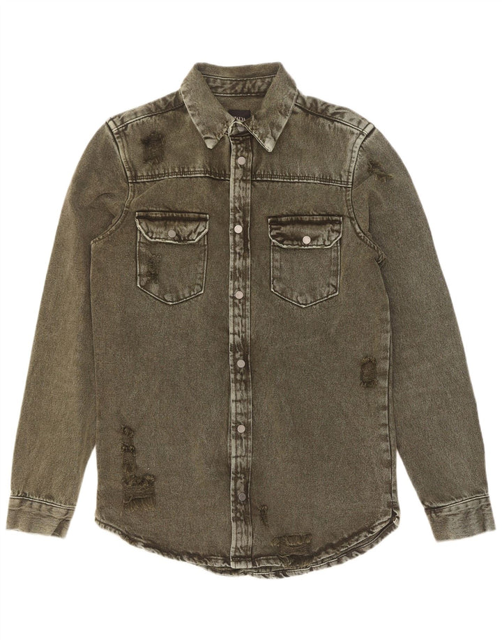 Camicia Zara da uomo in denim dalla vestibilità comoda e invecchiata, piccola, in cotone kaki