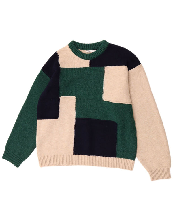 Maglione Zara da uomo con scollo a barca XL verde acrilico color block