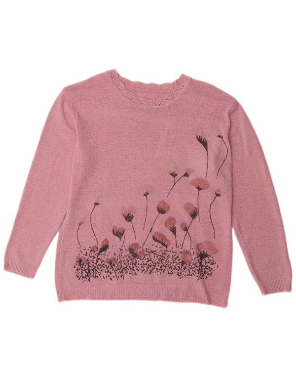 Maglione maglione con scollo a barca da donna VINTAGE UK 14 grande cotone floreale rosa