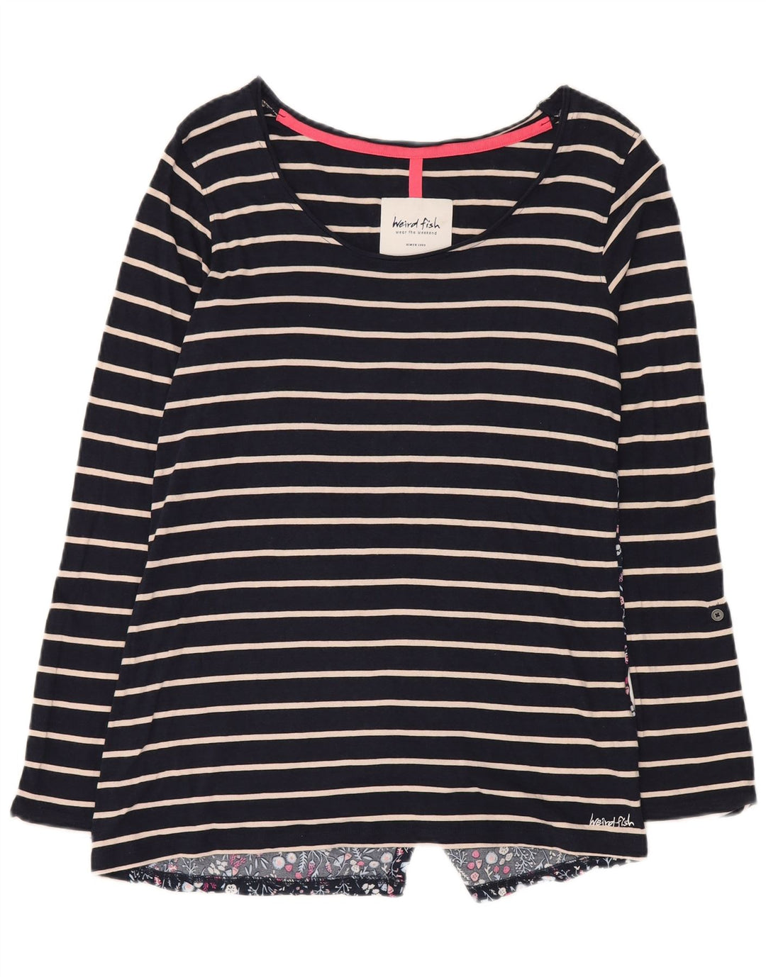 Weird Fish Top da donna a maniche lunghe UK 12 Cotone a righe blu navy medio