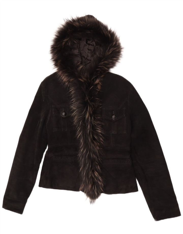 Giacca vintage in pelle scamosciata con cappuccio da donna UK 14 grande in pelle nera