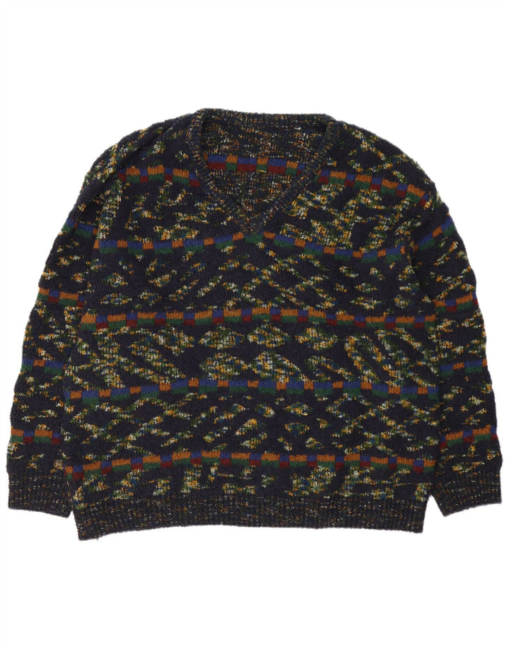 Maglione vintage da uomo con scollo a V XL in lana geometrica multicolore