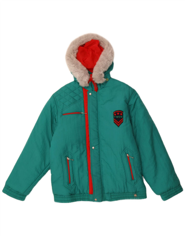 VINTAGE Girls Hooded Ski Jacket 15-16 Years Green Polyamide