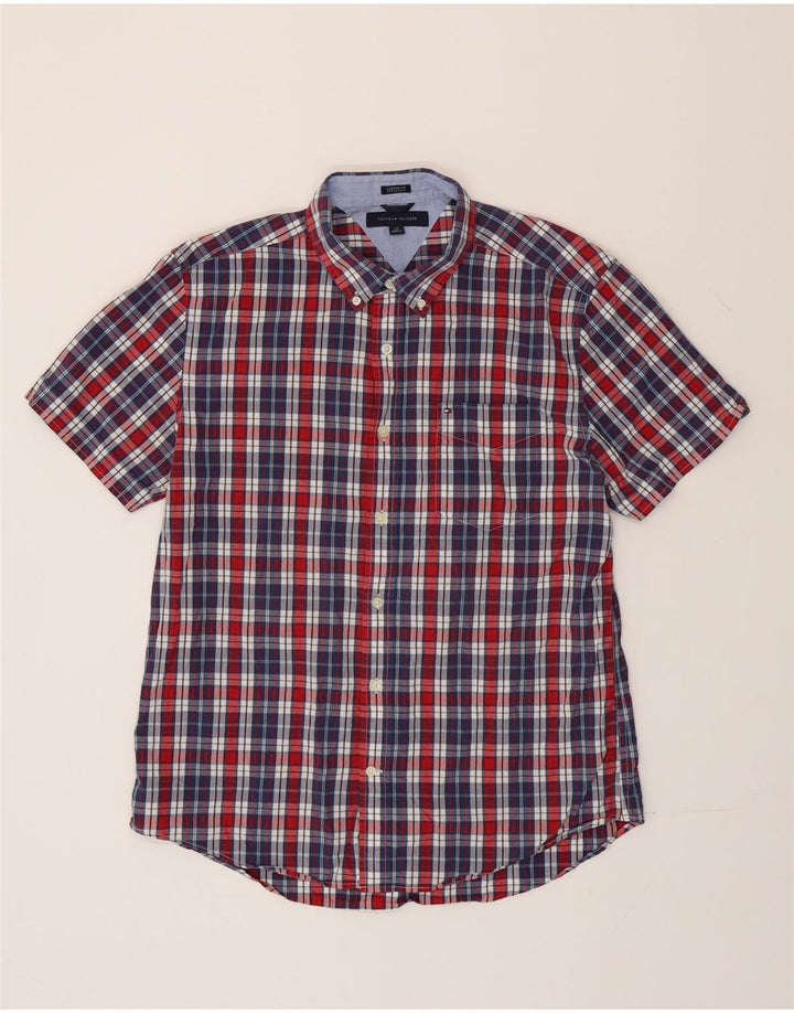 Tommy Hilfiger Camicia da uomo a maniche corte su misura con vestibilità personalizzata, grande motivo a quadri blu navy