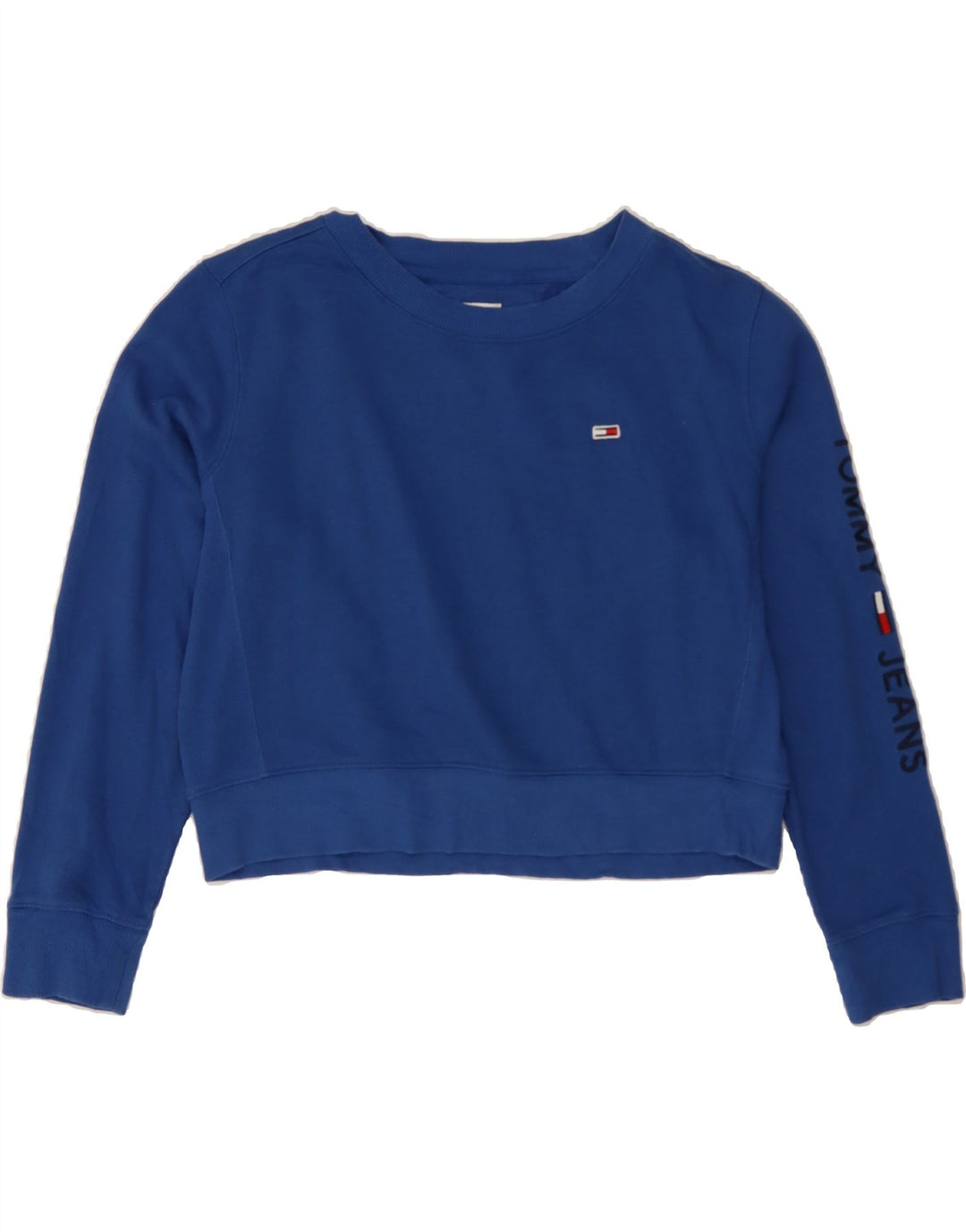 TOMMY HILFIGER Womens Oversized Crop Sweatshirt Jumper UK 10 Small Blue Vintage Tommy Hilfiger and Second-Hand Tommy Hilfiger from Messina Hembry 