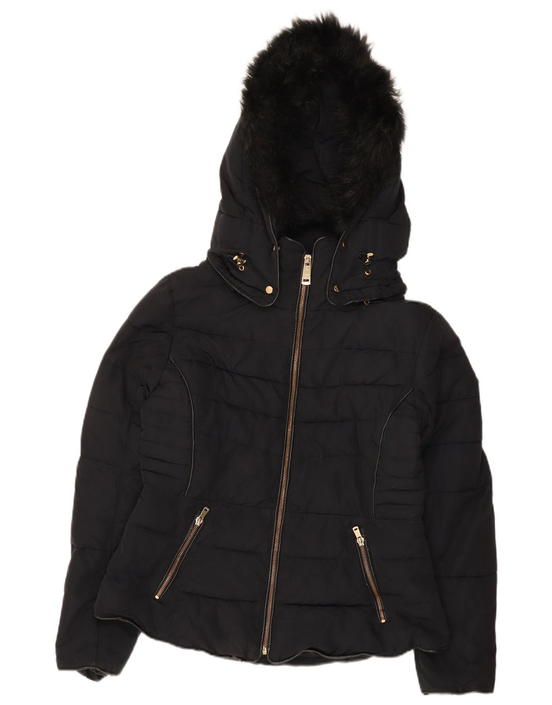 Giacca imbottita con cappuccio corta da donna Zara UK 16 grande poliestere nero