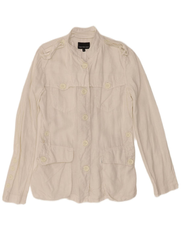 Giacca militare da donna Calvin Klein Jeans UK 10 piccola lino bianco