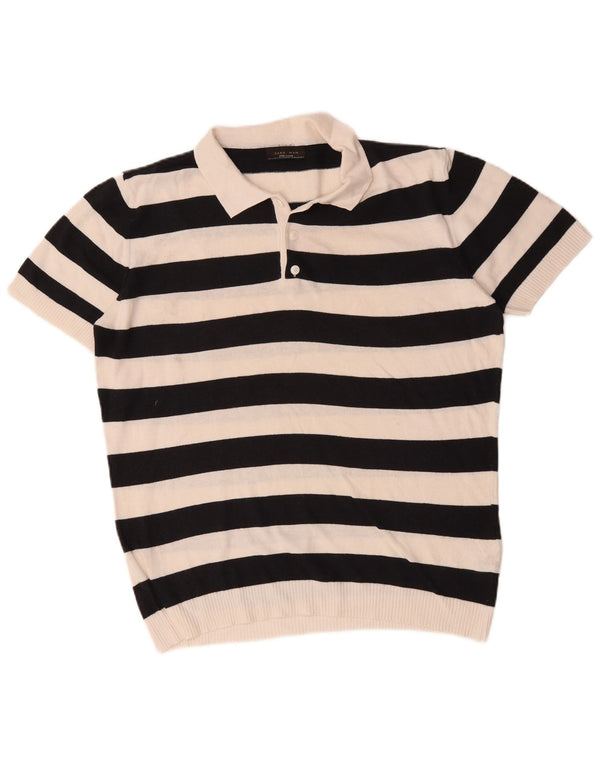 Zara Mens Short Sleeve Polo Neck Jumper Sweater Large Black Striped Cotton