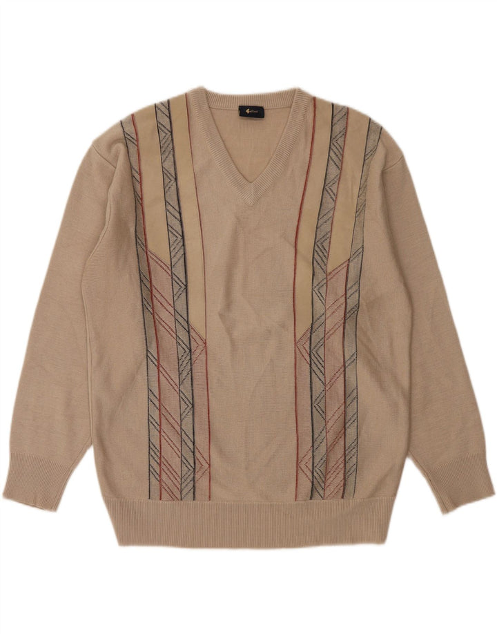 GABICCI Mens V-Neck Jumper Sweater Large Beige Geometric Wool