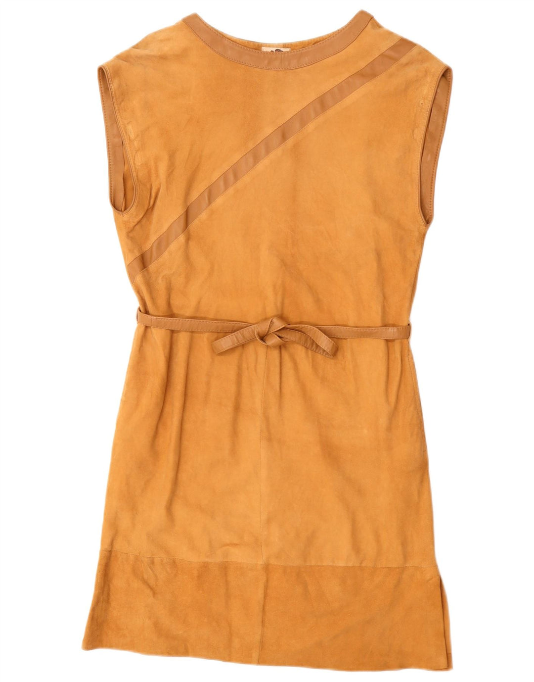 Abito basic vintage in pelle scamosciata senza maniche da donna UK 12 Beige medio
