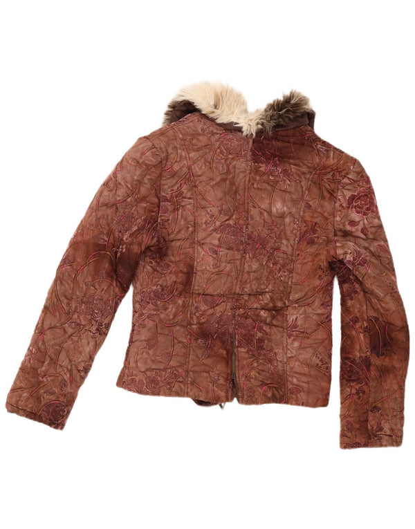 Giacca trapuntata da donna vintage UK 10 piccolo floreale marrone