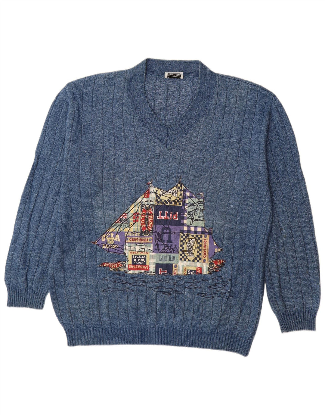 Maglione vintage da uomo con scollo a V grafico XL in cotone blu fumetti