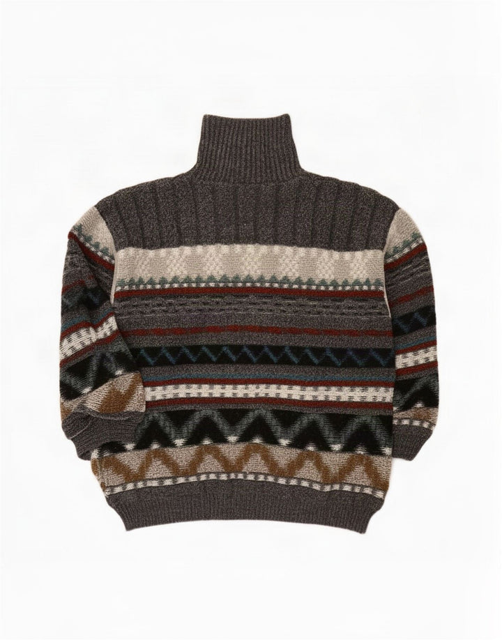 Maglione maglione vintage da uomo con collo alto, grande grigio Fair Isle