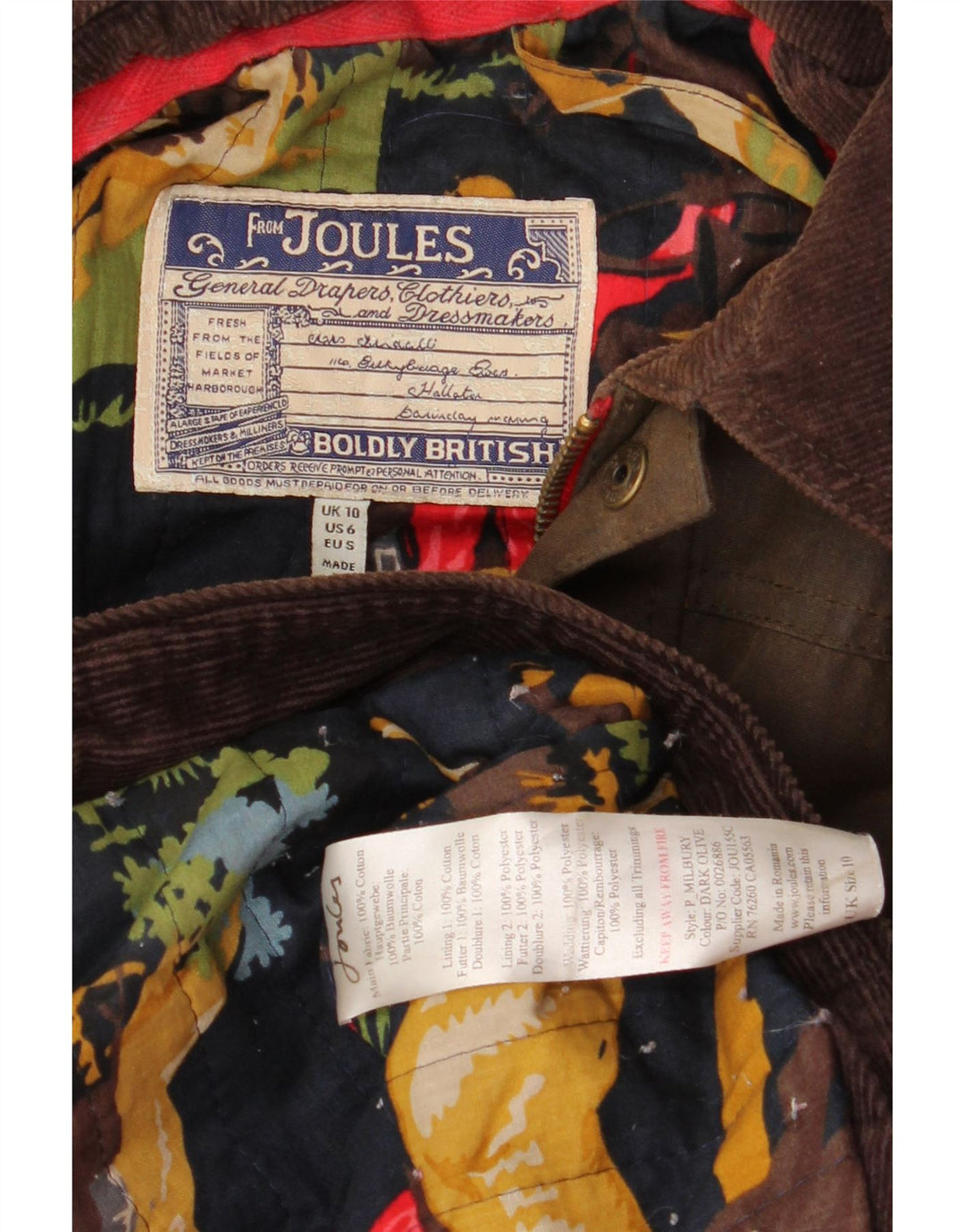 Giacca in cotone cerato da donna Joules UK 10 piccolo cotone marrone