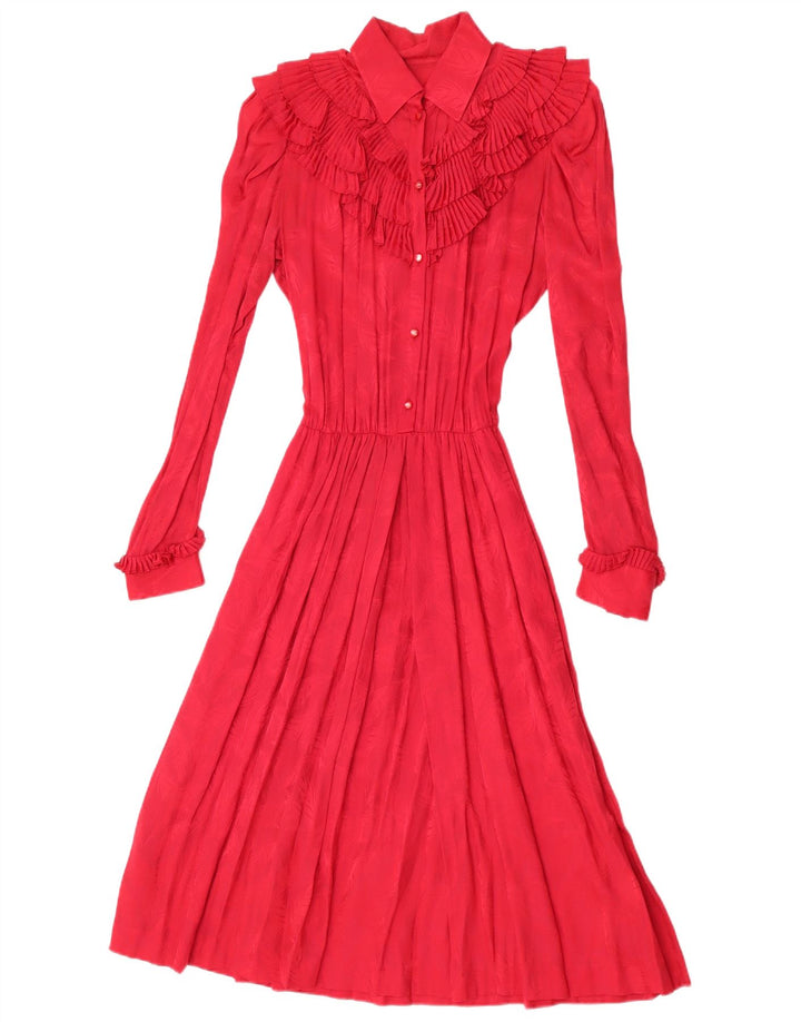 Abito lungo da donna vintage a maniche lunghe con volant sul davanti UK 12 rosso medio