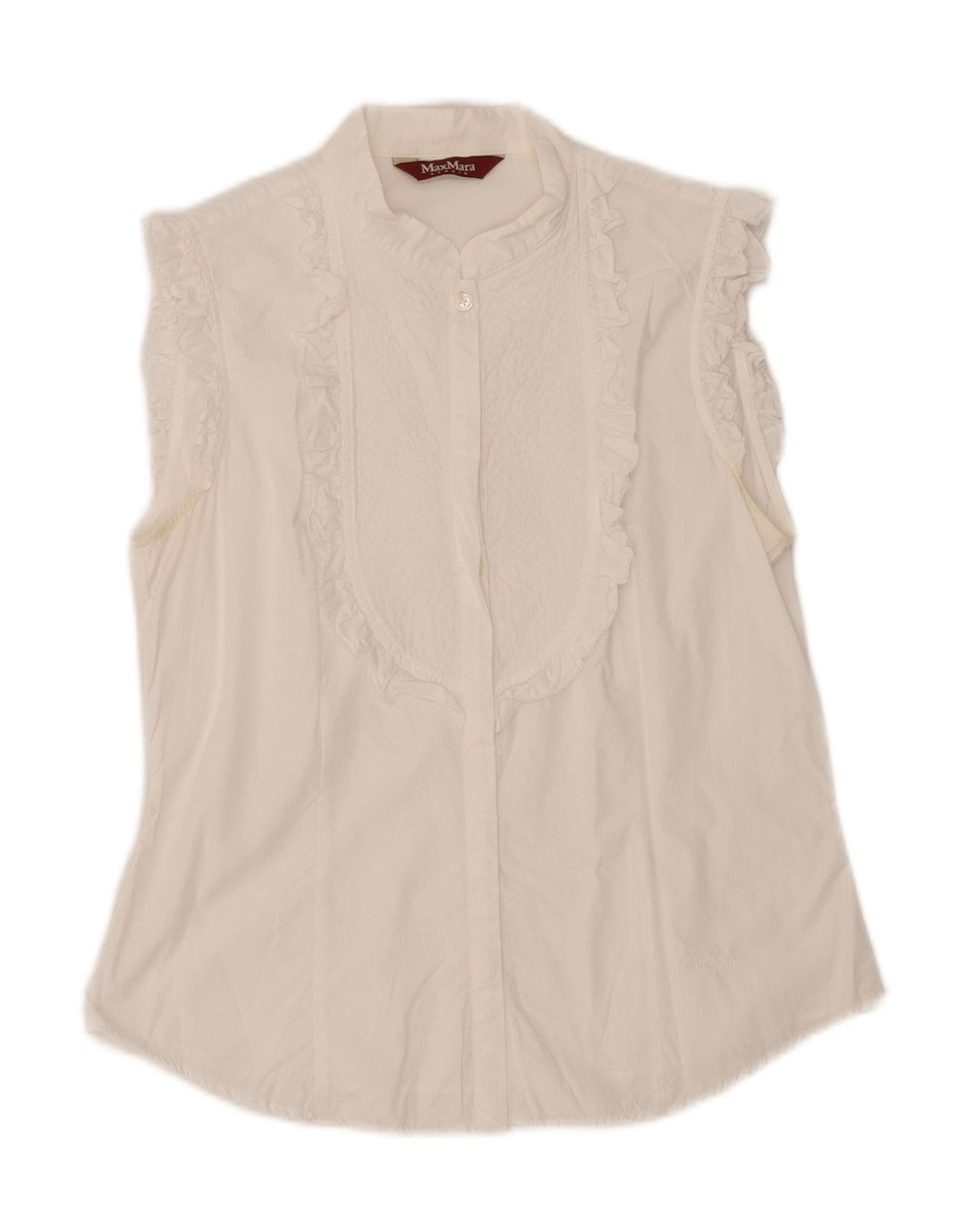 MAX MARA Womens Sleeveless Ruffle Front Shirt Blouse UK 12 Medium White Vintage Max Mara and Second-Hand Max Mara from Messina Hembry 
