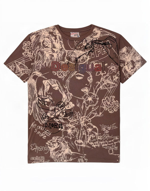 Desigual T-shirt grafica da uomo con motivo astratto Top 2XL cotone marrone