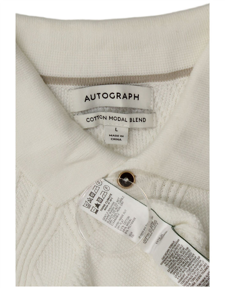 Maglione da uomo con collo a polo autografato Marks & Spencer, grande cotone bianco