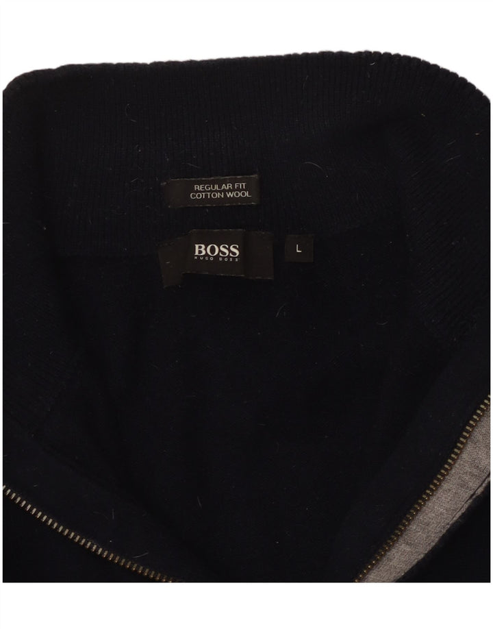 Maglione HUGO BOSS da uomo con vestibilità regolare e collo con zip, grande, in cotone blu navy