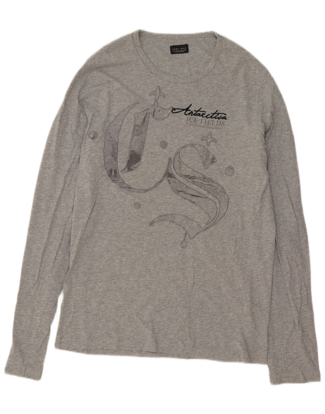 Top grafico da uomo Zara a maniche lunghe in cotone grigio medio