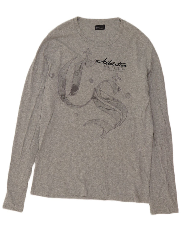 Top grafico da uomo Zara a maniche lunghe in cotone grigio medio