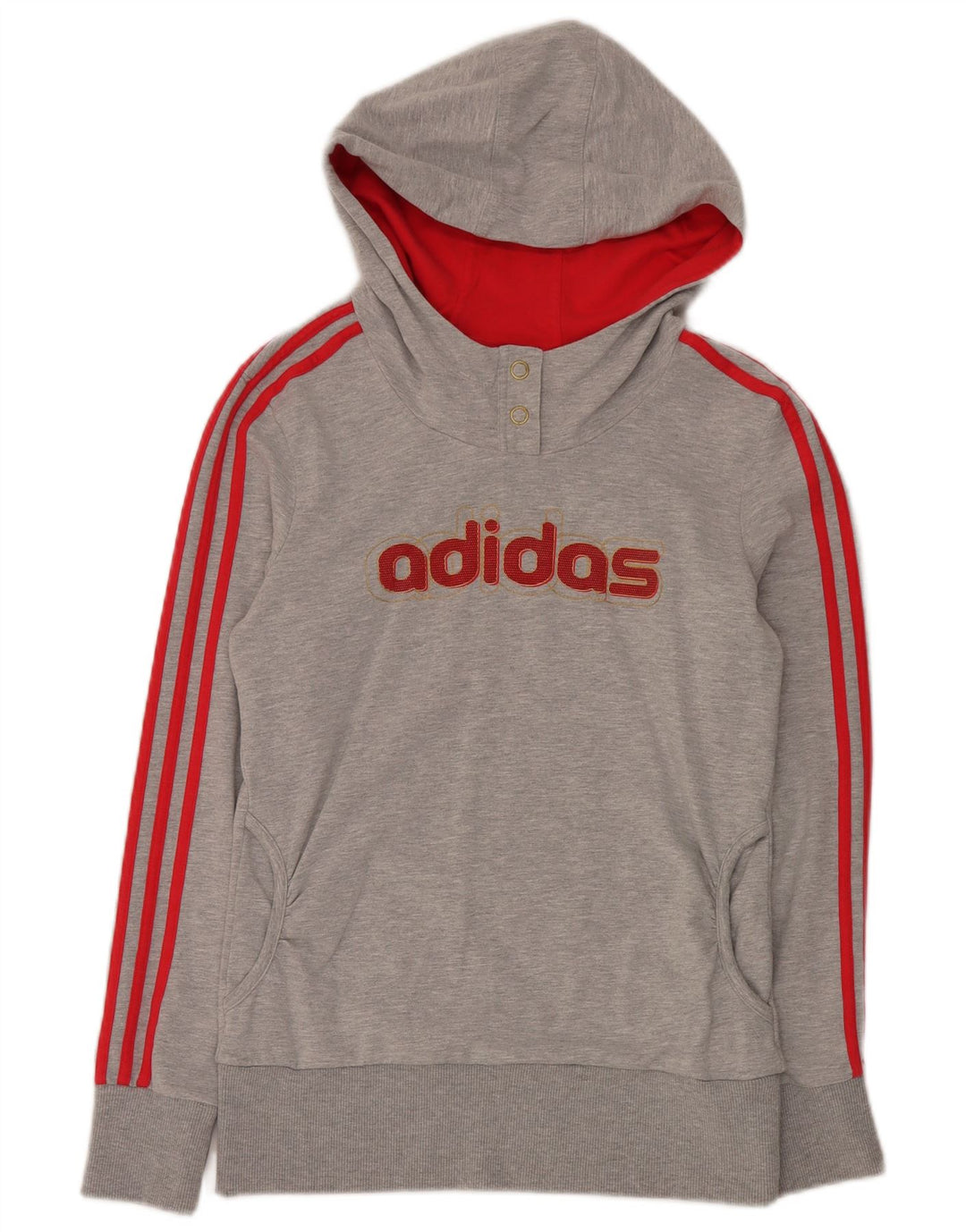 Felpa con cappuccio e collo con bottoni grafici Adidas da donna UK 12 Cotone grigio medio