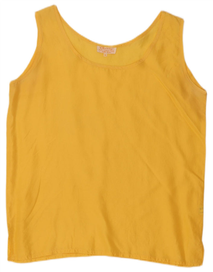 Top camicetta senza maniche vintage da donna UK 14 seta gialla media