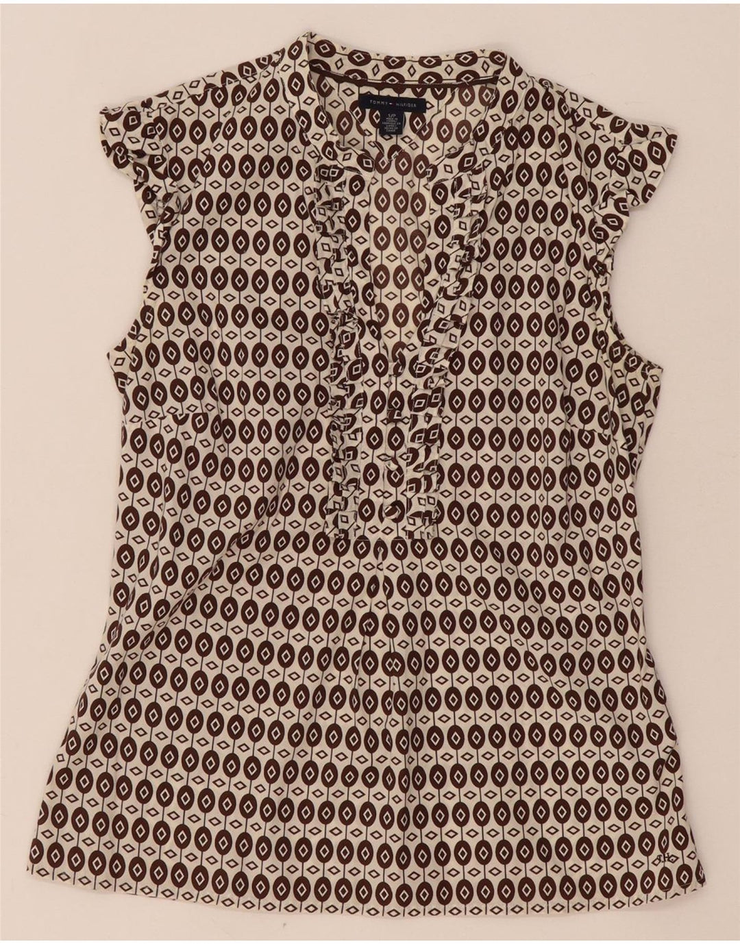 Camicetta da donna Tommy Hilfiger con volant sul davanti UK 10 Small Marrone geometrico