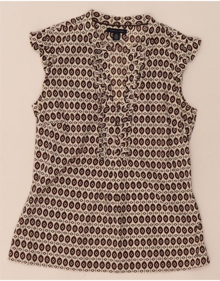 Camicetta da donna Tommy Hilfiger con volant sul davanti UK 10 Small Marrone geometrico