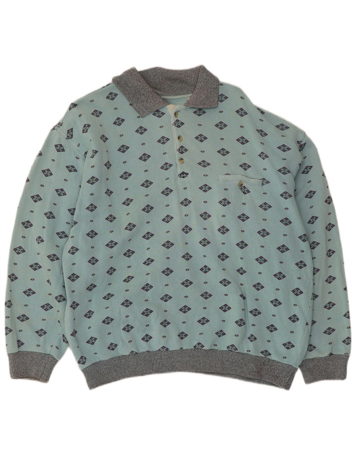 Felpa vintage da uomo con collo alto, maglione, cotone geometrico blu medio